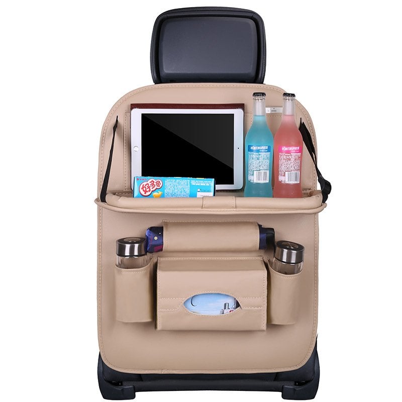 Arenzza car back seat leather organizer with foldable table, multiple storage compartments, designed for car accessories.
