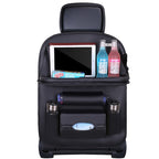Arenzza car back seat leather organizer with foldable table, multiple storage pockets, designed for vehicle interior organization.