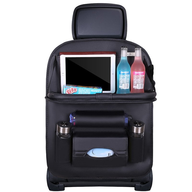 Arenzza car back seat leather organizer with foldable table, multiple storage pockets, designed for vehicle interior organization.