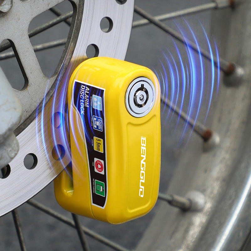 Arenzza motorcycle anti-theft alarm disc lock with bright orange keyhole and sturdy metal body, designed for bike security.