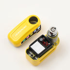 Arenzza motorcycle anti-theft alarm disc lock attached to a motorcycle brake disc, highlighting security features and compact design.