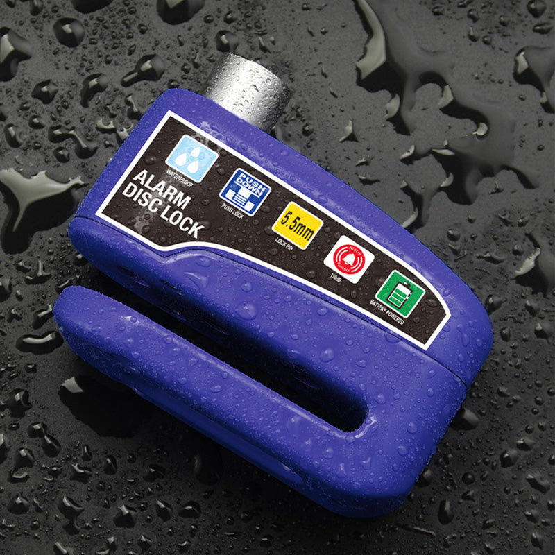 Arenzza motorcycle anti-theft alarm disc lock with key and alarm button, black security lock for motorcycle security.
