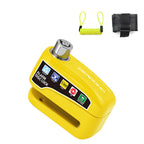 Arenzza motorcycle anti-theft alarm disc lock with bright orange body and key mechanism, designed to secure motorcycle discs.
