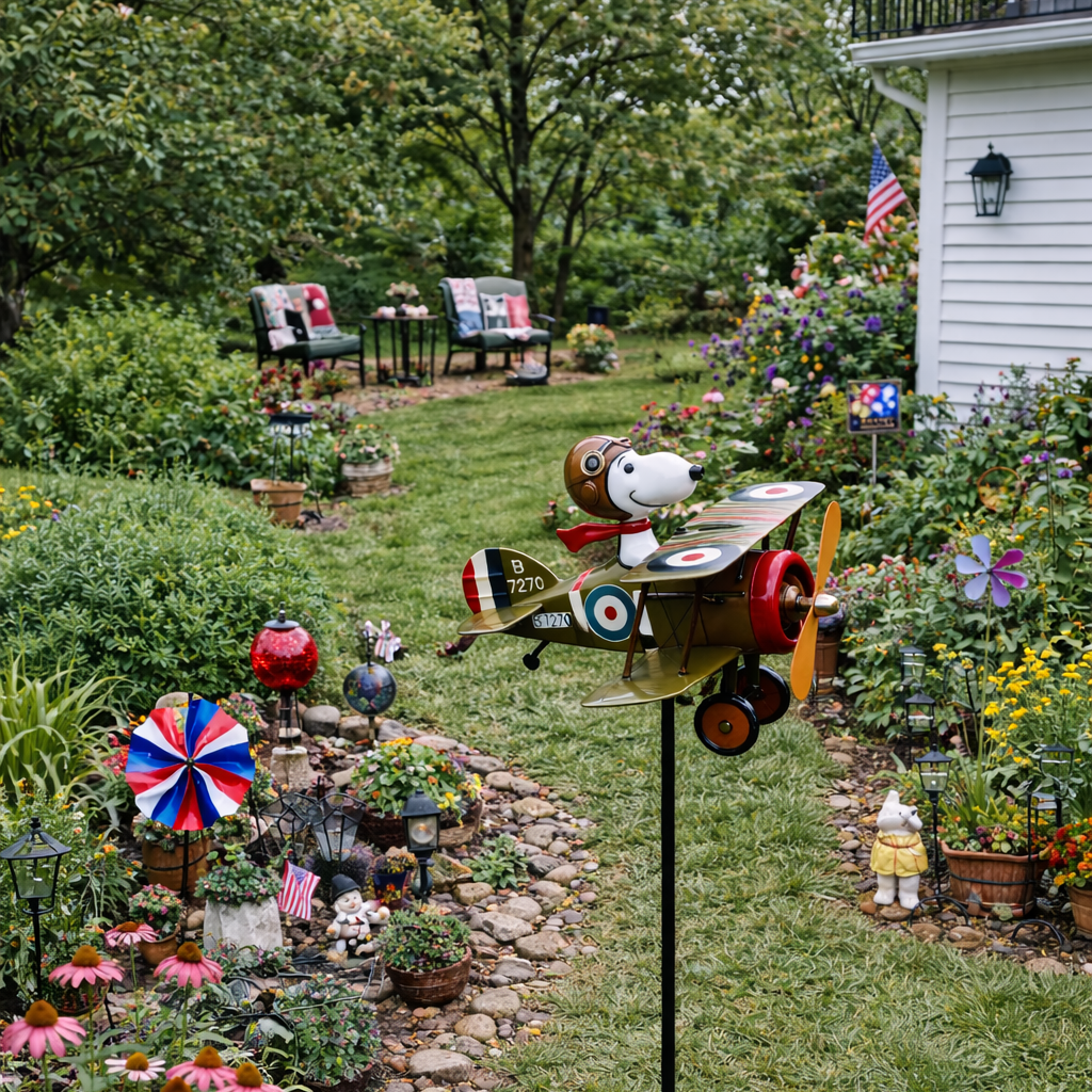 Aarenzza airplane garden wind spinner featuring Snoopy, outdoor decor with colorful rotating propeller and playful Snoopy design.