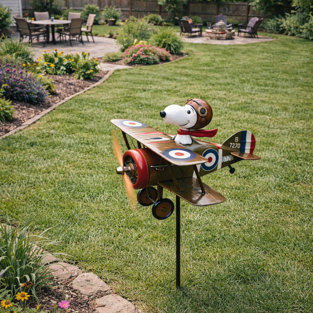 Arenzza Snoopy airplane garden wind spinner outdoor decor spinning in a garden with colorful blades and a whimsical Snoopy figure.