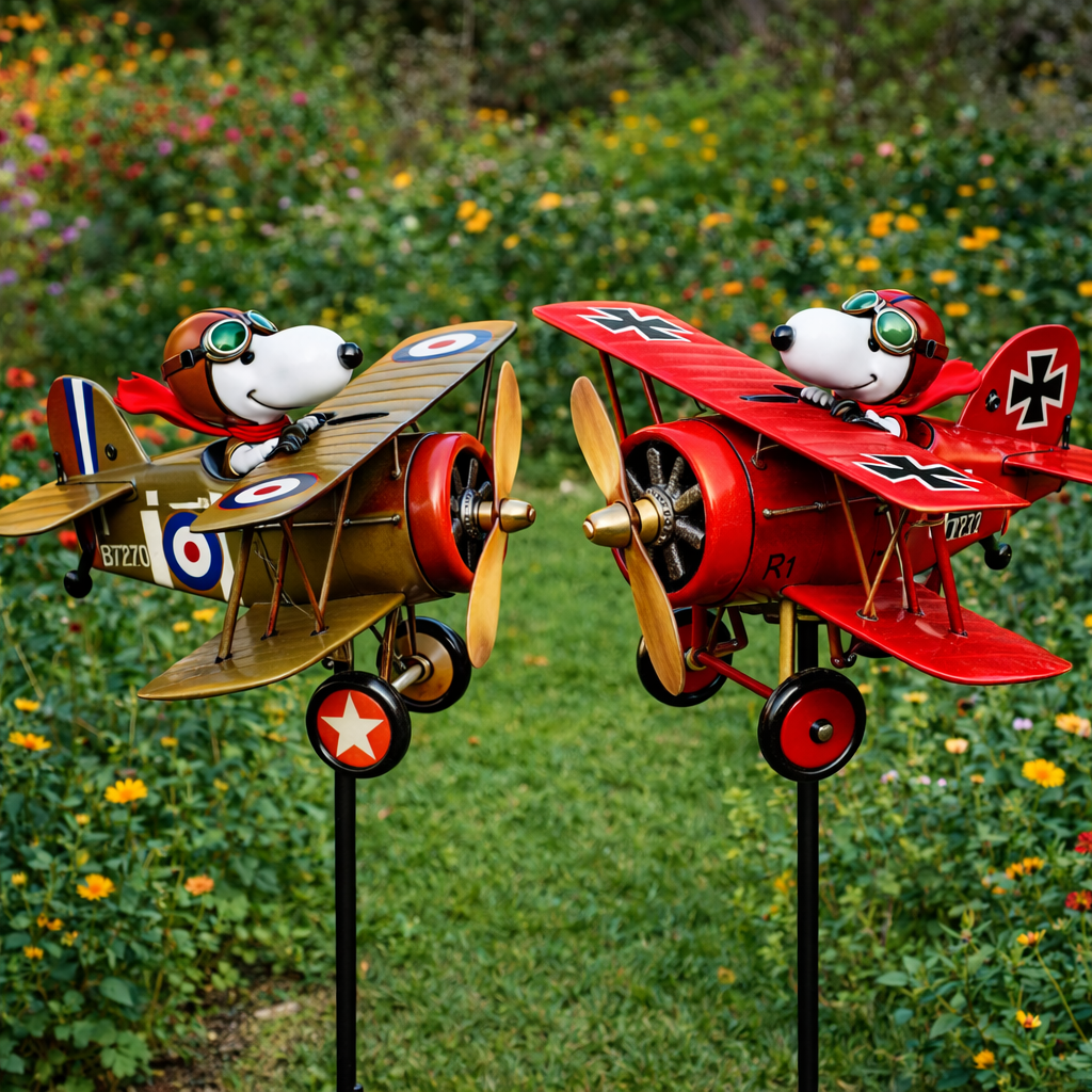 Arenzza airplane garden wind spinner featuring Snoopy, colorful outdoor decor with a playful design for garden decoration.