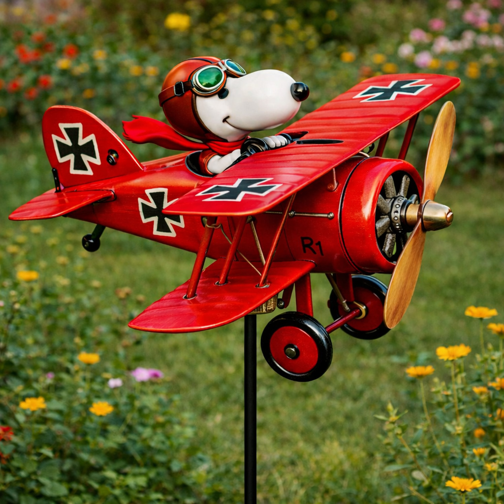 Arenzza Snoopy airplane garden wind spinner outdoor decor with colorful rotating blades in a garden setting.