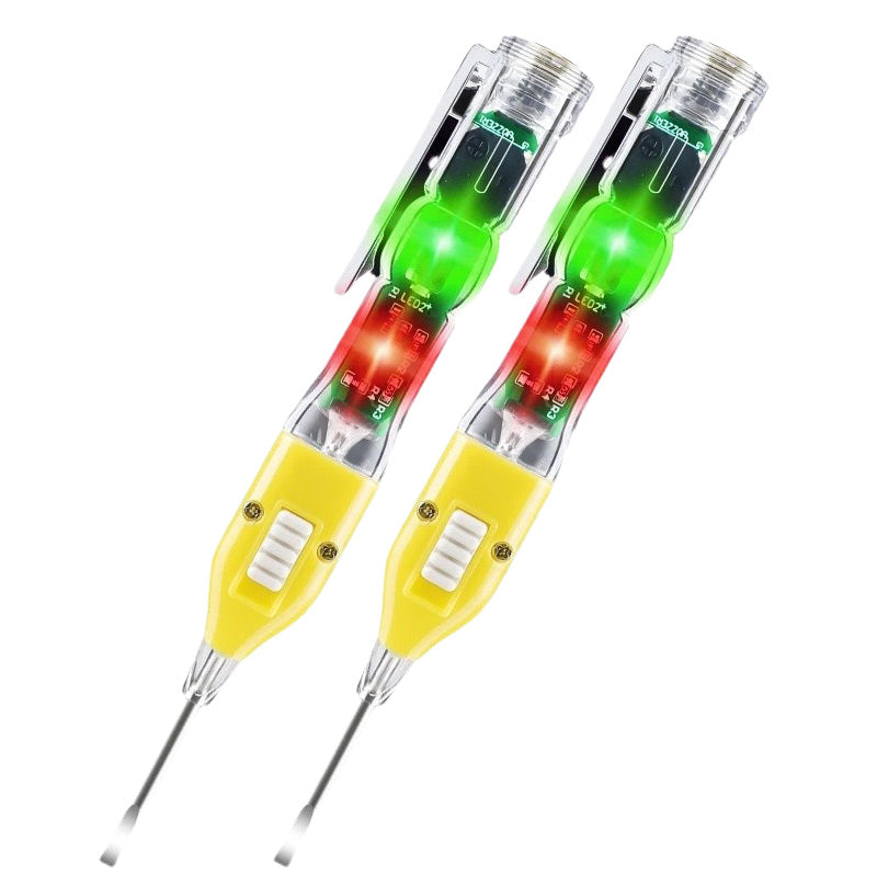 Arenzza 3-in-1 magnetic voltage tester screwdriver with flashlight, showing the tool's handle, metal tip, and built-in LED light.