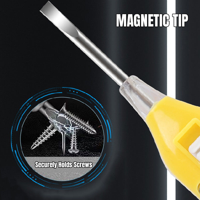 Arenzza 3-in-1 Magnetic Voltage Tester Screwdriver with flashlight, showing the tool's handle, magnetized tip, and built-in light.