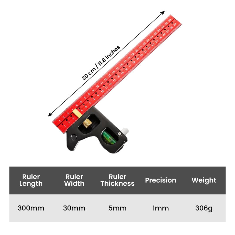 Arenzza combination square ruler with 45-90 degree markings, metal construction, used for precise woodworking and metalworking measurements.