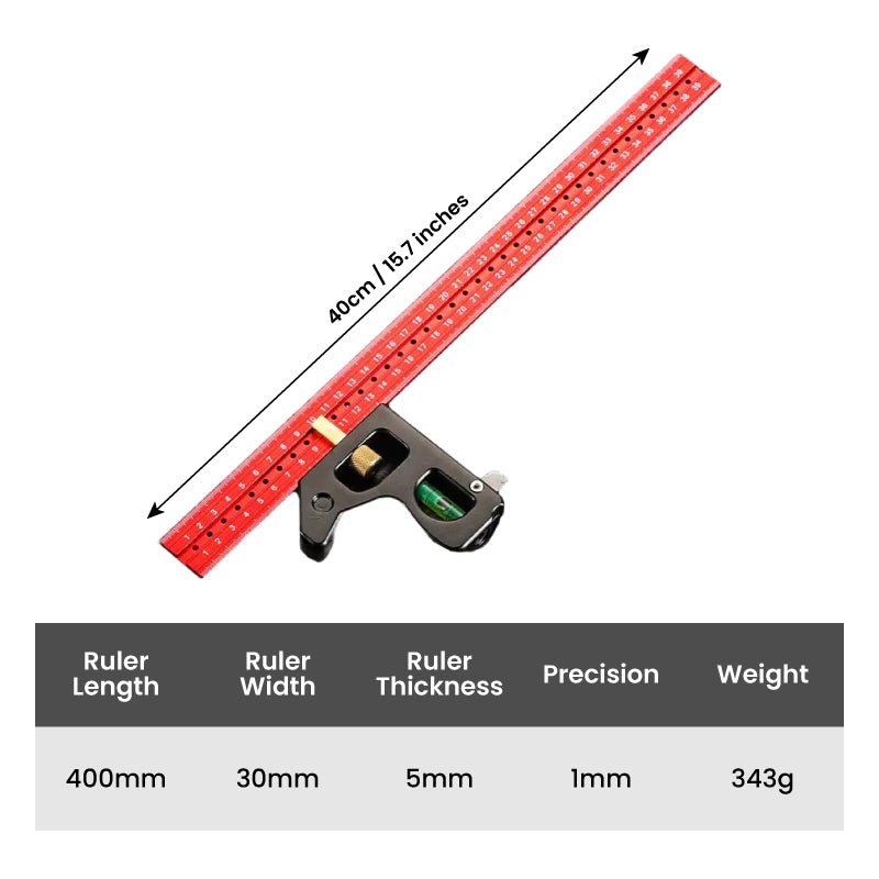 Arenzza combination square ruler with 45-90 degree marking, metal tool for precise measurements and marking in woodworking.