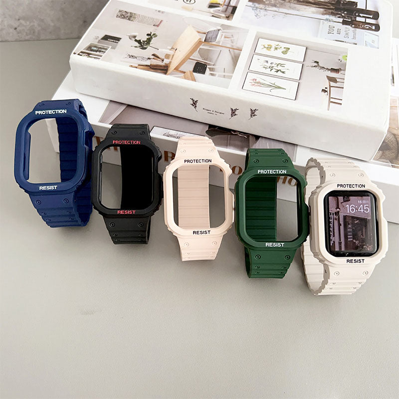 Arenzza magnetic closure silicone band for Apple Watch, showcasing the sleek black strap with magnetic fastening detail.