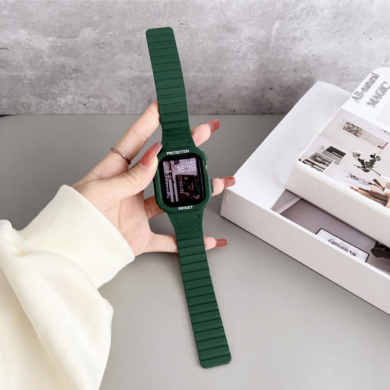 Arenzza magnetic silicone band for Apple Watch, featuring secure closure and sleek design, ideal for comfortable everyday wear.