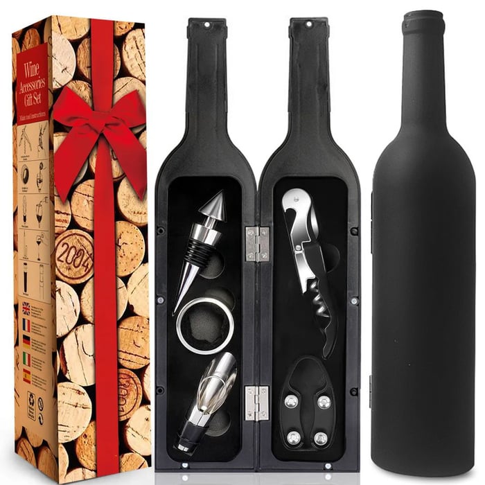 Arenzza wine opener set with corkscrew, foil cutter, and wine stopper on a wooden surface, perfect for wine lovers.