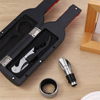 Arenzza wine opener set including corkscrew, foil cutter, and wine pourer on a wooden surface.