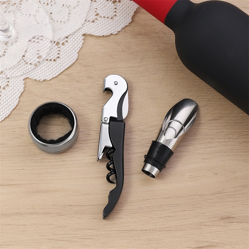 Arenzza wine opener set for wine lovers, including corkscrew and accessories, displayed on a wooden surface.