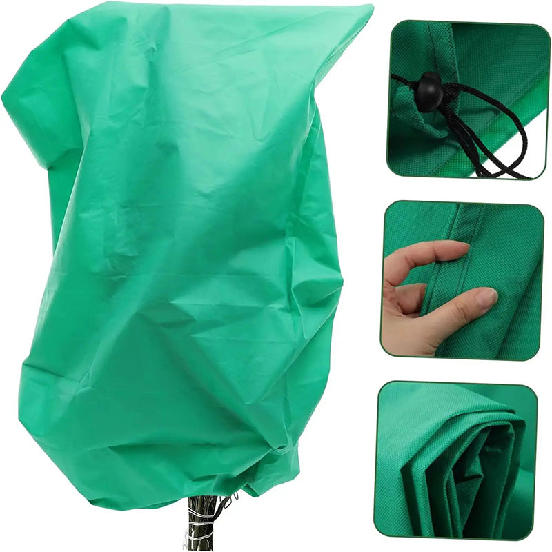 Arenzza plant thickened drawstring bag for freeze protection, showing a durable cover with drawstrings on a garden plant.