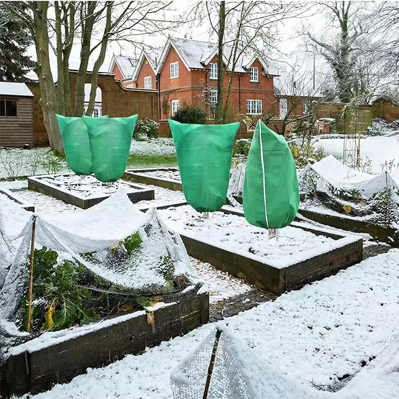 Arenzza plant freeze protection cover with drawstring, thickened material for winter frost protection, in a garden setting.