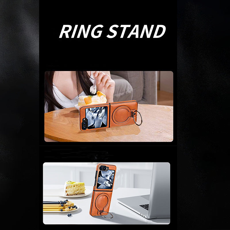 Arenzza Magnetic Phone Case with Ring Stand for Galaxy Z Flip Series, showcasing the black protective case with ring holder and magnetic closure.