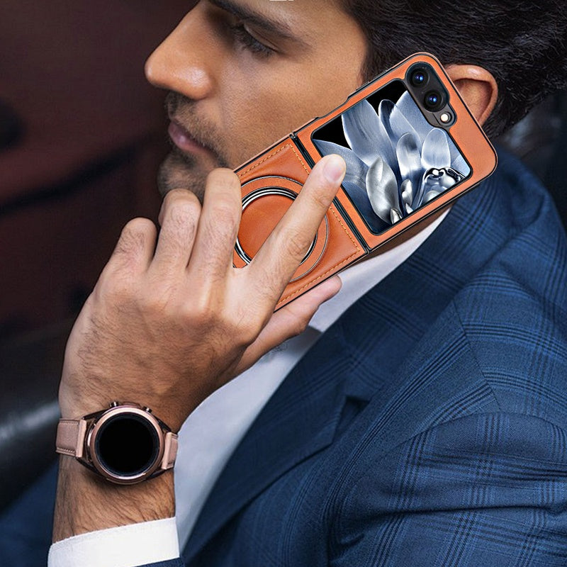 Arenzza magnetic phone case with ring stand for Galaxy Z Flip series, showing the sleek black design and built-in ring holder.