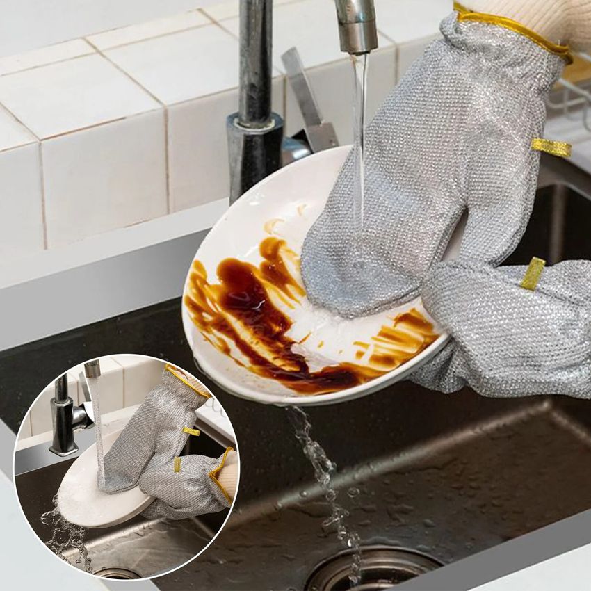 A pair of Arenzza dishwashing wire gloves for kitchen cleaning, shown in a close-up view on a white background.