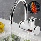 Arenzza instant electric water heater faucet with sleek design, mounted on a sink with clear water flow visible.