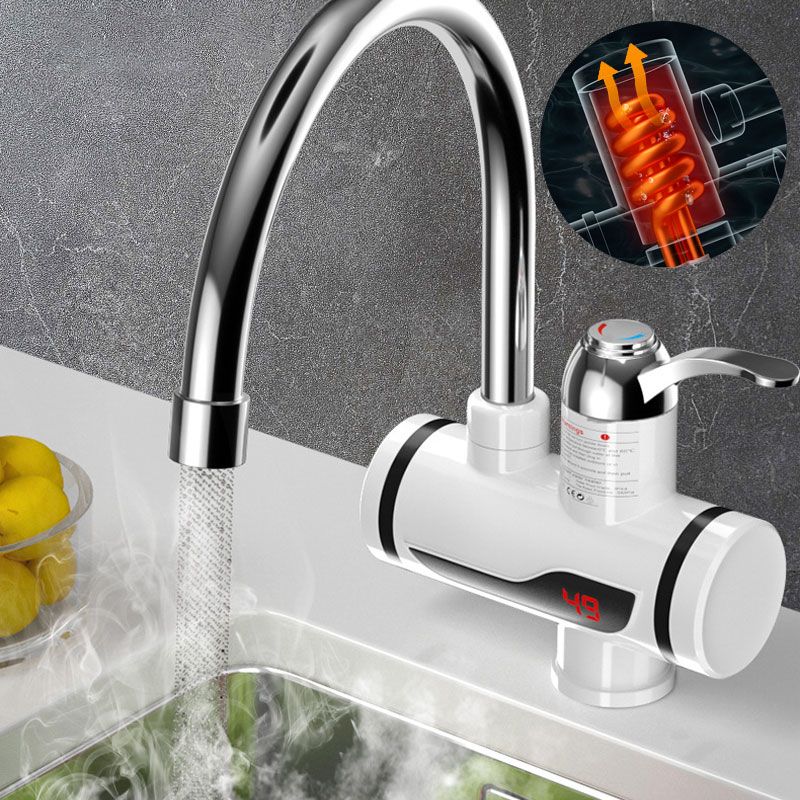Arenzza instant electric water heater faucet with sleek design, mounted on a sink with clear water flow visible.