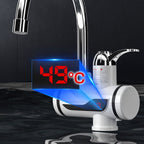 Arenzza Instant Electric Water Heater Faucet, compact and sleek, mounted on a sink with water flowing, for quick hot water access.