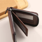 Aarenza men's PU leather zip-around wallet in four colors, showing the sleek design and compact size of 11.5x9.5cm.