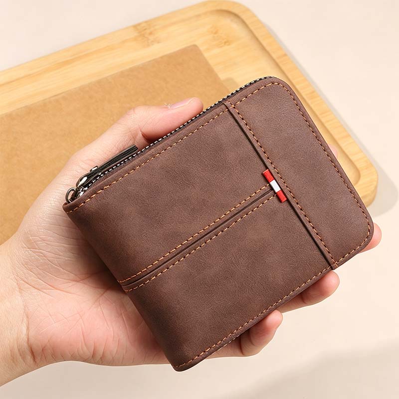A men's PU leather wallet by Arenzza with zip-around design, shown in four colors, measuring 11.5x9.5cm on a plain background.