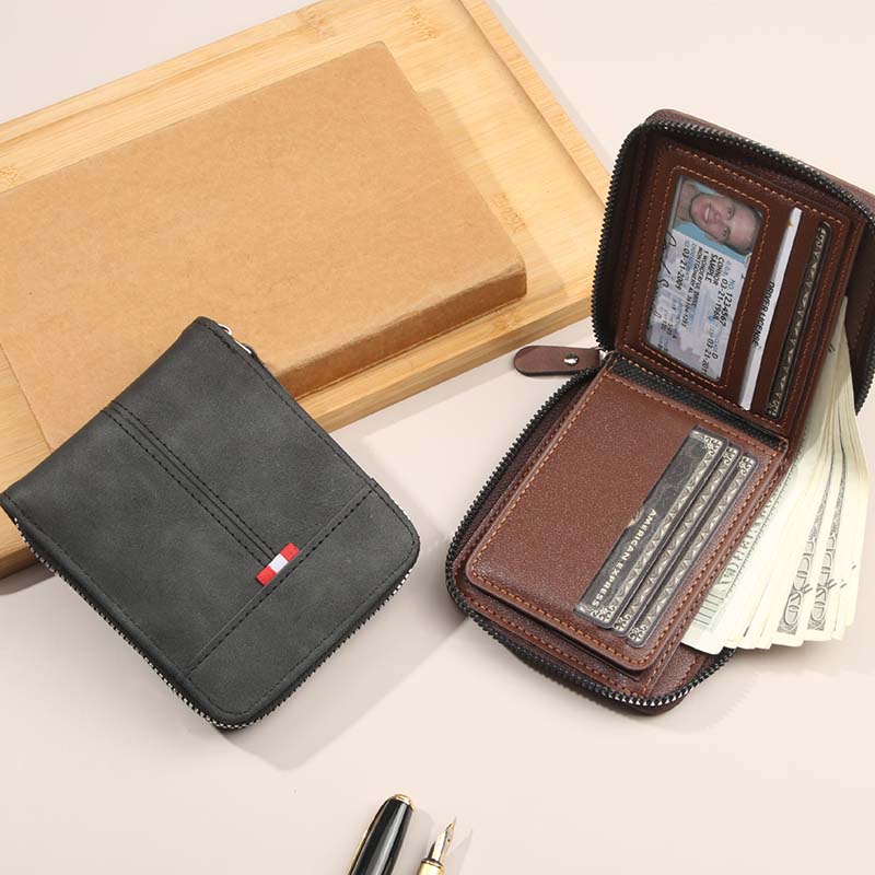 Aarenza men's PU leather zip-around wallet in four colors, showing the compact 11.5x9.5cm design and sleek finish.
