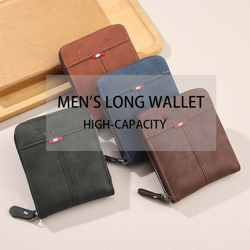 A men's Arenzza PU leather zip-around wallet in black, featuring multiple card slots and a sleek design.