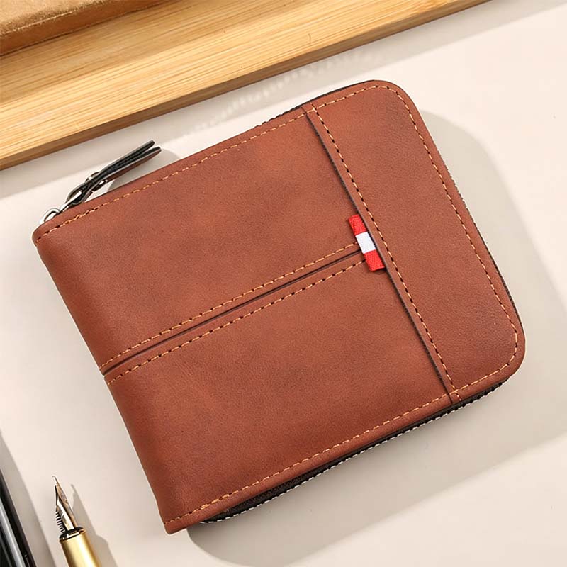 A men's Arenzza PU leather wallet with zip-around closure in four colors, measuring 11.5x9.5cm, displayed on a white background.