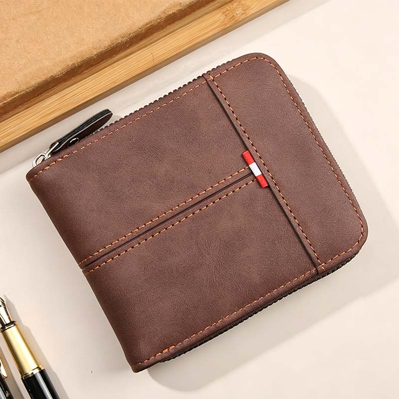 A men's Arenzza PU leather wallet with zip-around closure in four colors, measuring 11.5x9.5cm, displayed on a neutral background.