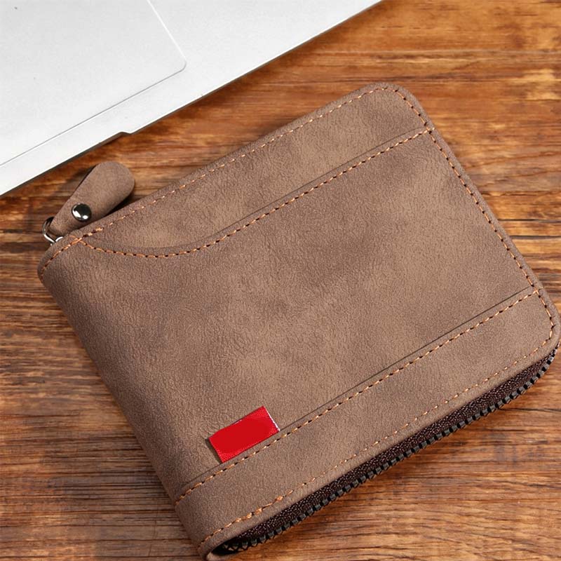 A men's Arenzza PU leather zip-around wallet in four colors, measuring 11.5x9.5cm, displayed open showing card slots and cash compartment.