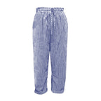 A woman wearing striped linen cotton trousers from Arenzza, showcasing effortless style and comfort in a casual outfit.