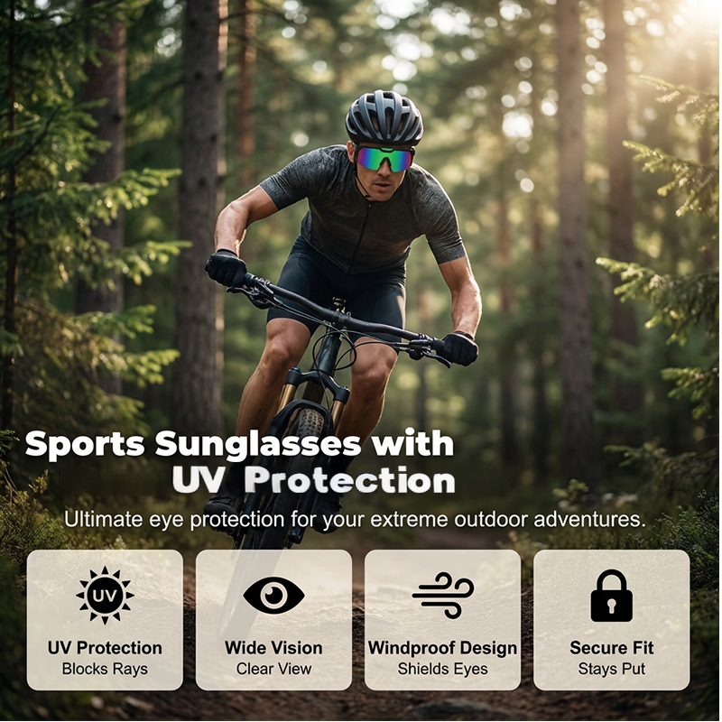 A pair of UV400 sports sunglasses for men and women with black frames and polarized lenses, designed for active outdoor use.