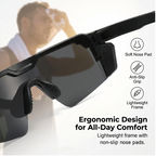 A pair of Arenzza UV400 sports sunglasses for men and women with black frames and wraparound design.