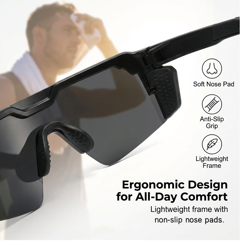 A pair of Arenzza UV400 sports sunglasses for men and women with black frames and wraparound design.