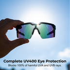 A pair of UV400 sports sunglasses for men and women by Arenzza, featuring black frames and tinted lenses for outdoor activities.