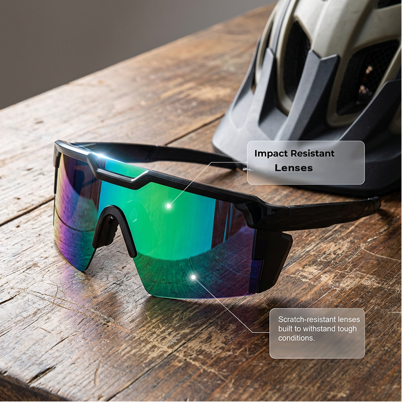 A pair of UV400 sports sunglasses for men and women by Arenzza, featuring sleek black frames and polarized lenses for active outdoor use.