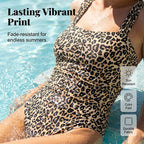 Aarenza women's modern printed one-piece swimsuit with bold patterns, displayed on a mannequin, perfect for summer swimwear.