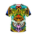 A man wearing a vintage tribal art short sleeve tee by Arenzza, featuring bold tribal patterns on a casual men's T-shirt.