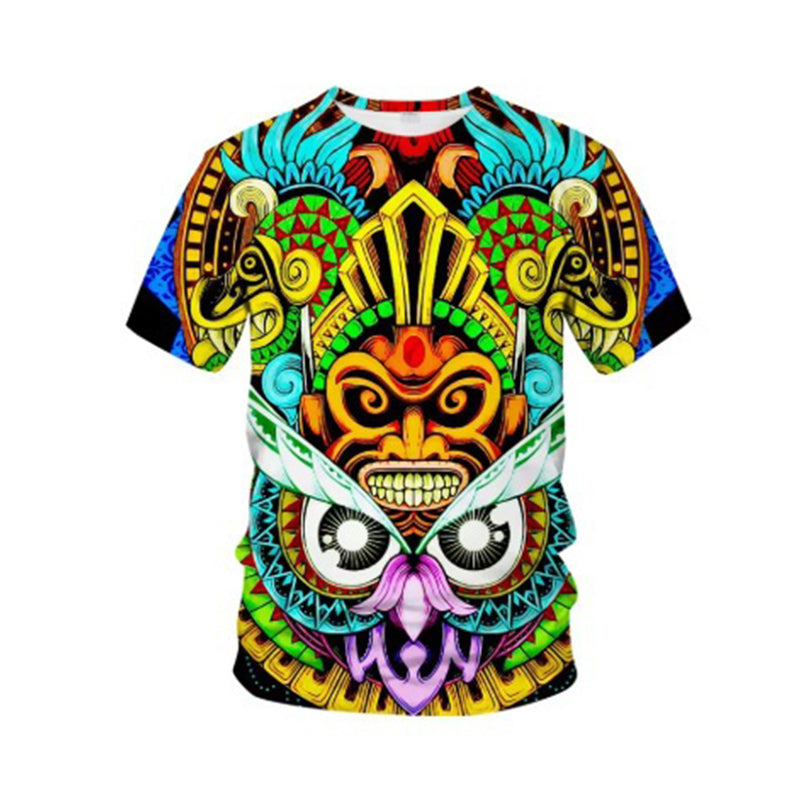 A man wearing a vintage tribal art short sleeve tee by Arenzza, featuring bold tribal patterns on a casual men's T-shirt.