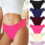 A pair of Arenzza women's breathable letter print lace trim briefs in white with colorful letter patterns and delicate lace details.