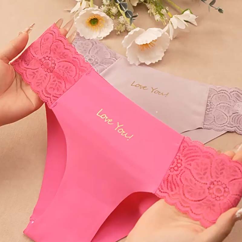 A pair of women's breathable letter print lace trim briefs by Arenzza, featuring a comfortable fit and stylish design.