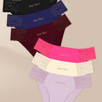 A woman wearing breathable letter print lace trim briefs from Arenzza, showcasing the soft fabric and stylish design.