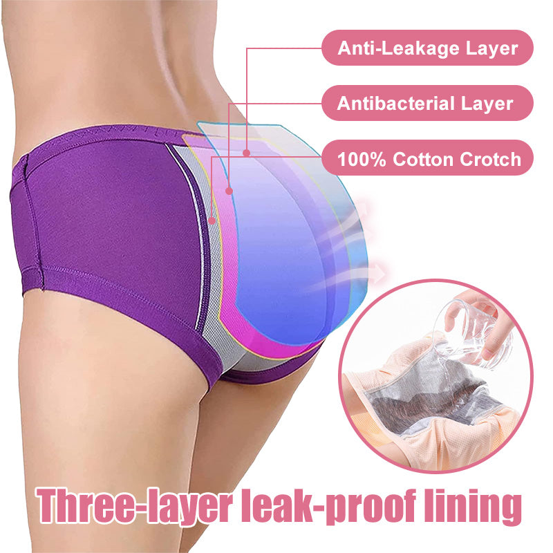 A woman wearing Arenzza women's high waist leak-proof panties designed for menstruation, in a neutral color, focusing on the fit and fabric.