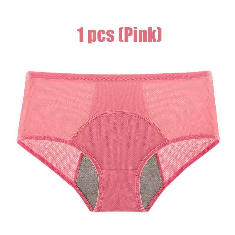 A pair of women's high waist leak-proof panties by Arenzza, designed for menstruation protection, shown on a model.
