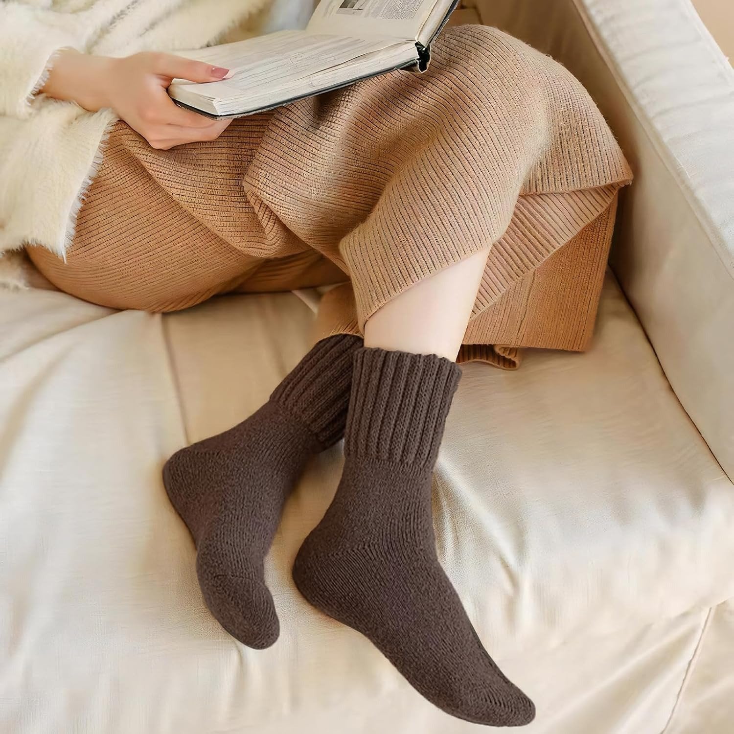 Five pairs of Arenzza women's solid mid-calf socks in various colors, displayed neatly in a row on a flat surface.